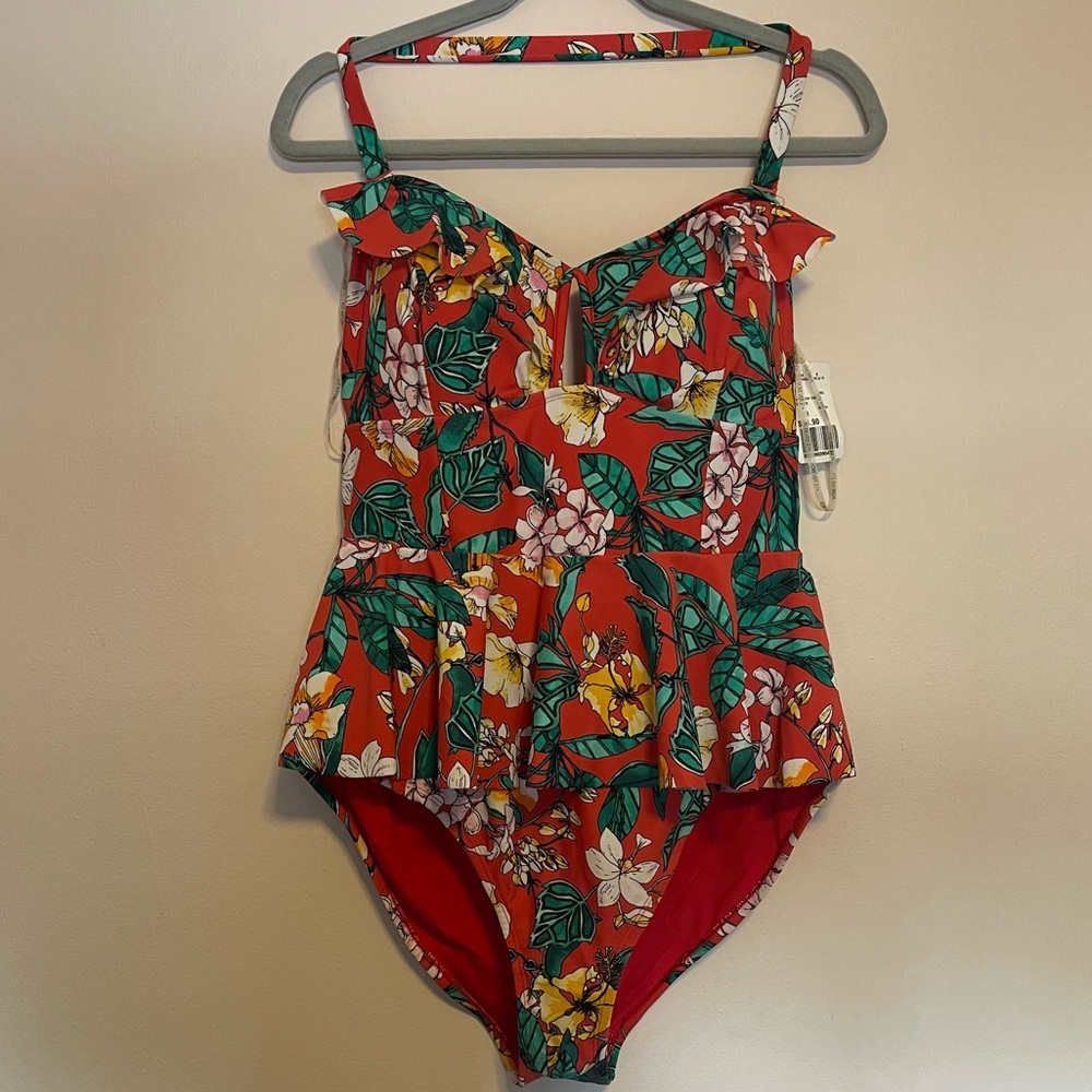 Forever 21+ One-Piece Floral Swimsuit with Peplum Skirt and removable strap